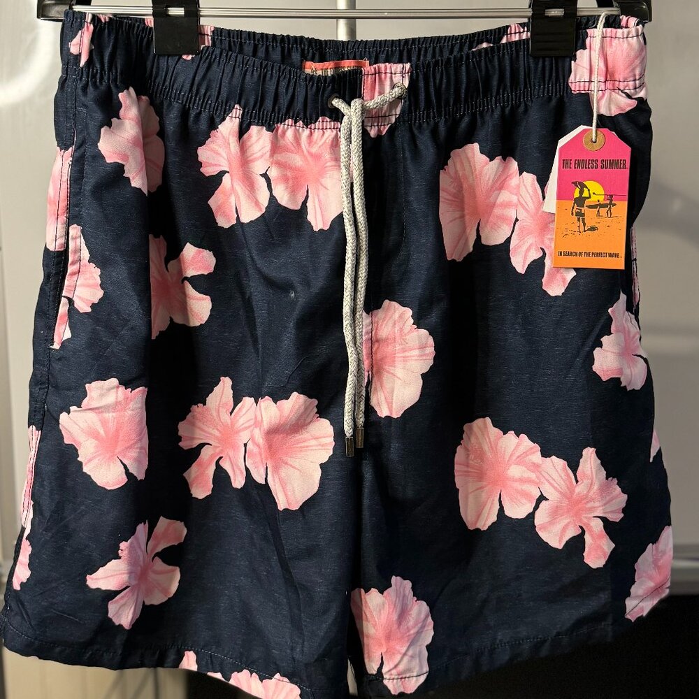 The Endless Summer Swim Trunks - Navy with Large Pink Flowers (XL)